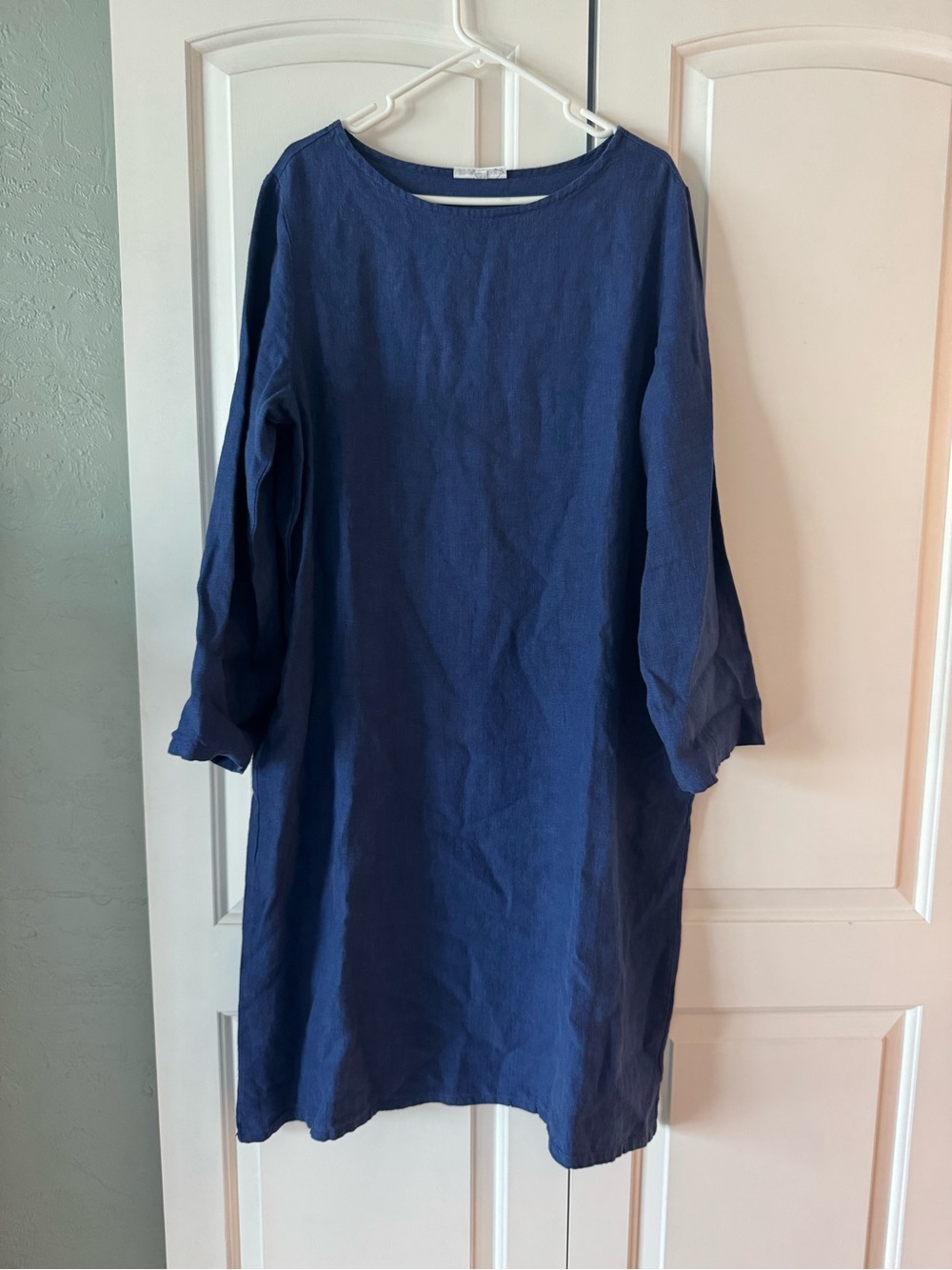 bryn Walker Navy Blue Long Sleeve Linen Shift Dress